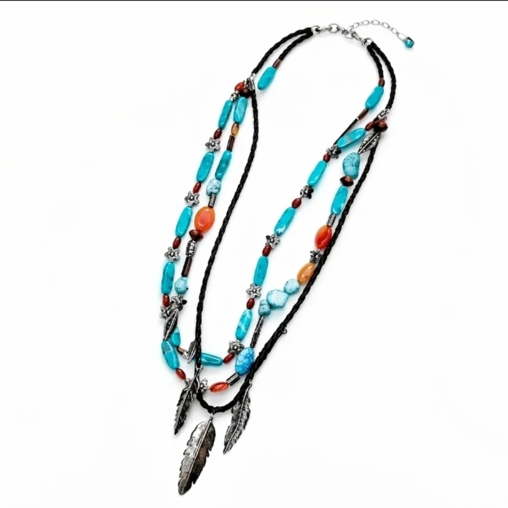 Turquoise Beaded Layered Necklace Set w/ Matching Hook Earrings